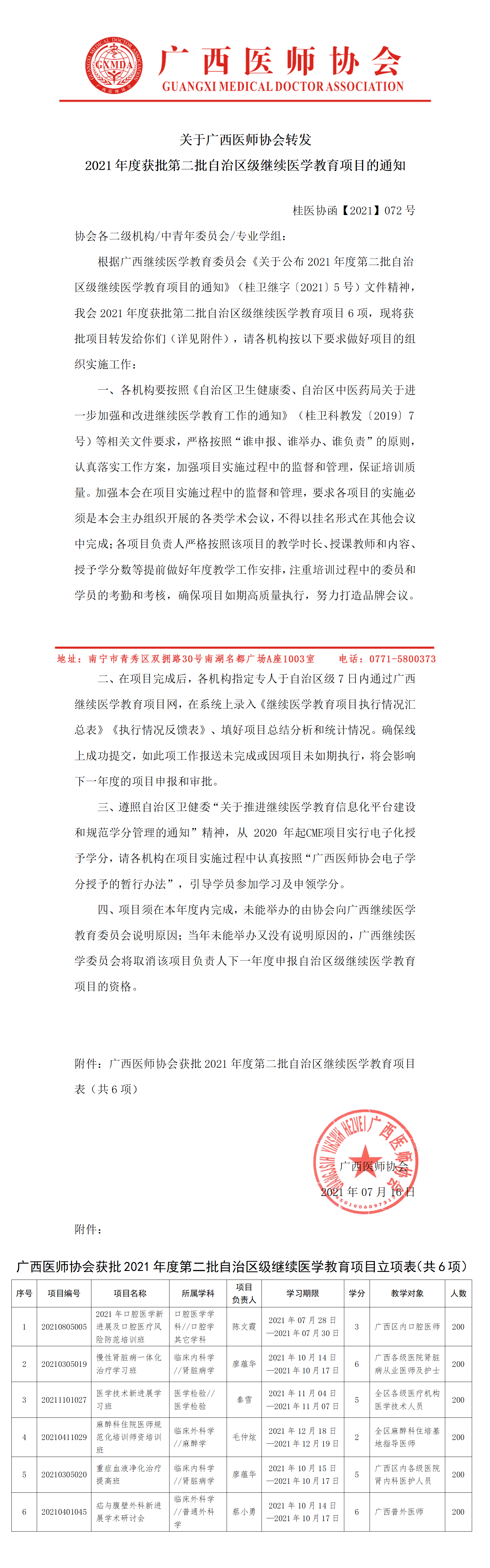桂医协函【2021】72号 关于广西医师协会转发2021年度获批第二批自治区级继续医学教育项目的通知.png