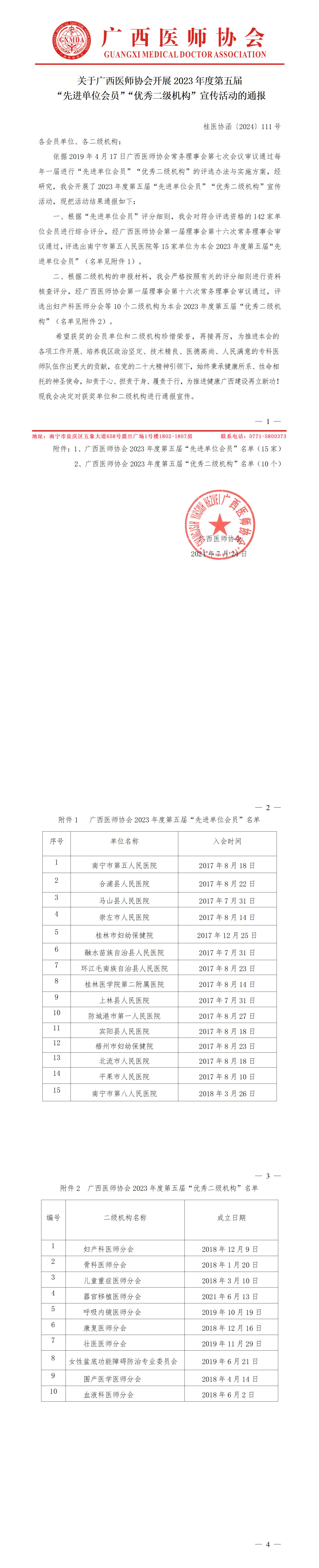 〔2024〕111号 广西医师协会2023年度第五届“先进单位会员”“优秀二级机构”宣传活动的通报_01.jpg